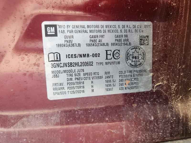 Aukcja sprzedaży 2017 Chevrolet Trax, vin: 3GNCJNSB2HL200602, numer aukcji: 58964436