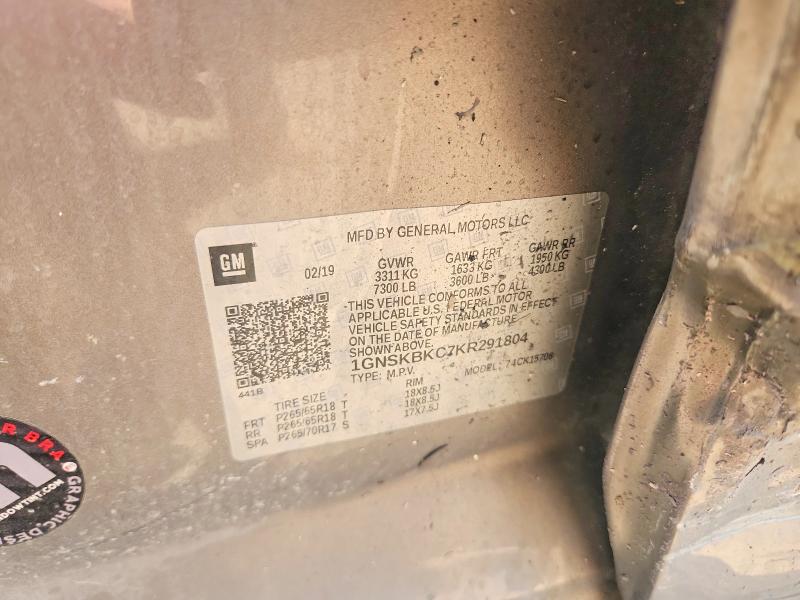2019 Chevrolet Tahoe მანქანა იყიდება აუქციონზე, vin: 1GNSKBKC7KR291804, აუქციონის ნომერი: 57386156