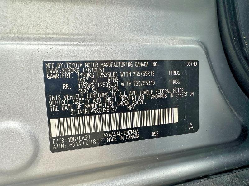 58690046 :رقم المزاد ، 2T3A1RFV5KC056122 vin ، 2019 Toyota Rav4 مزاد بيع
