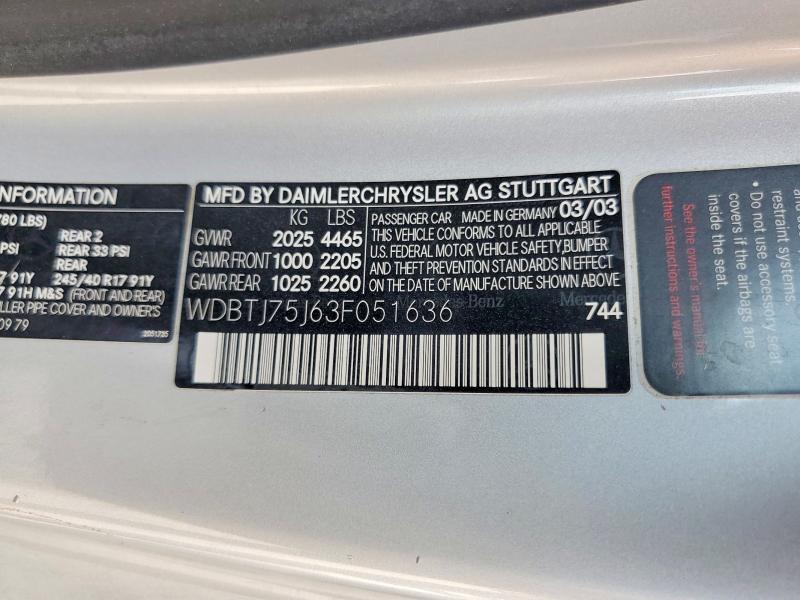 Aukcja sprzedaży 2003 Mercedes-benz Clk, vin: WDBTJ75J63F051636, numer aukcji: 58577976