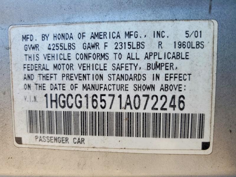 Aukcja sprzedaży 2001 Honda Accord, vin: 1HGCG16571A072246, numer aukcji: 56218536