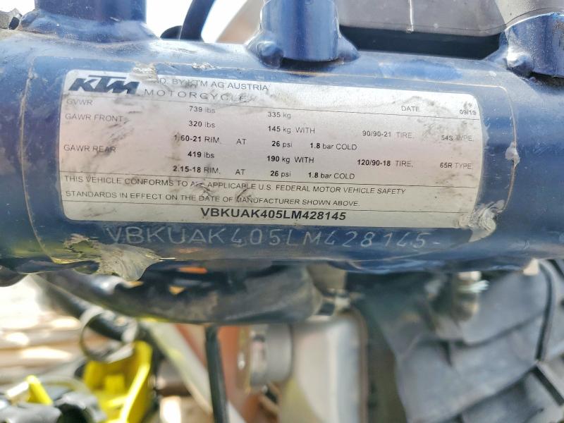 58124506 :رقم المزاد ، VBKUAK405LM428145 vin ، 2020 Husqvarna Fe501 مزاد بيع