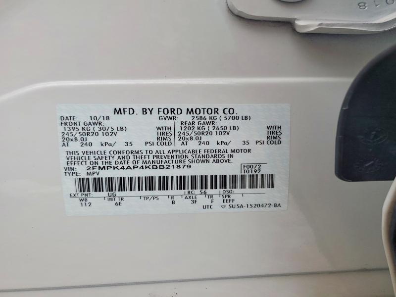 56593776 :رقم المزاد ، 2FMPK4AP4KBB21879 vin ، 2019 Ford Edge مزاد بيع
