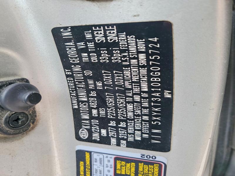 2011 Kia Sorento მანქანა იყიდება აუქციონზე, vin: 5XYKT3A10BG075724, აუქციონის ნომერი: 58060556