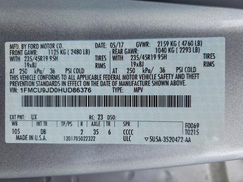 Продаж на аукціоні авто 2017 Ford Escape, vin: 1FMCU9JD0HUD86376, номер лоту: 56331016