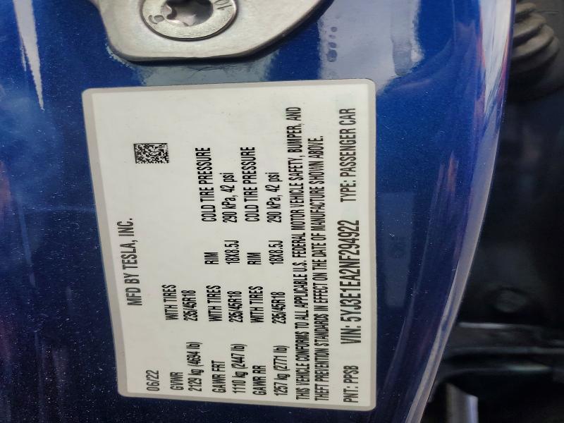 2022 Tesla Model 3 მანქანა იყიდება აუქციონზე, vin: 5YJ3E1EA2NF294922, აუქციონის ნომერი: 57363786