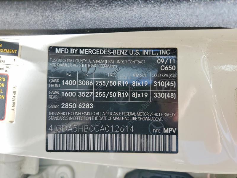 55544816 :رقم المزاد ، 4JGDA5HB0CA012614 vin ، 2012 Mercedes-benz Ml مزاد بيع