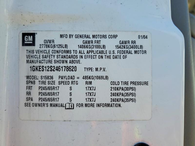 Aukcja sprzedaży 2004 Gmc Envoy, vin: 1GKES12S246178620, numer aukcji: 58072176