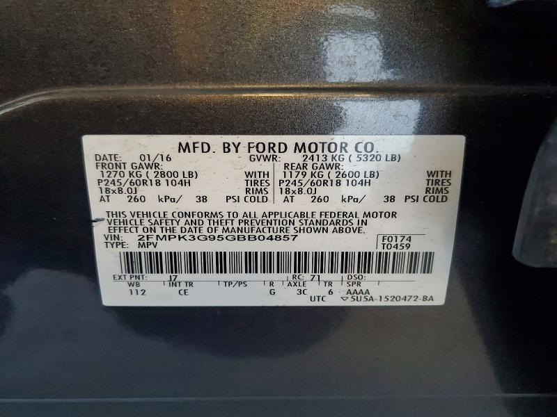 56737046 :رقم المزاد ، 2FMPK3G95GBB04857 vin ، 2016 Ford Edge مزاد بيع