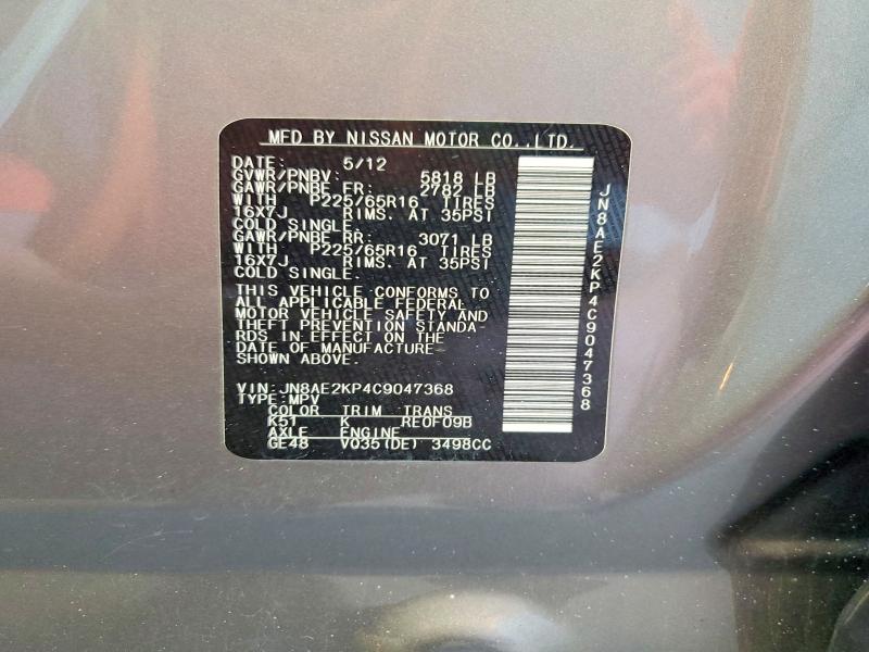 56832016 :رقم المزاد ، JN8AE2KP4C9047368 vin ، 2012 Nissan Quest مزاد بيع