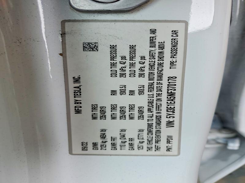 2022 Tesla Model 3 მანქანა იყიდება აუქციონზე, vin: 5YJ3E1EA5NF370178, აუქციონის ნომერი: 58765926