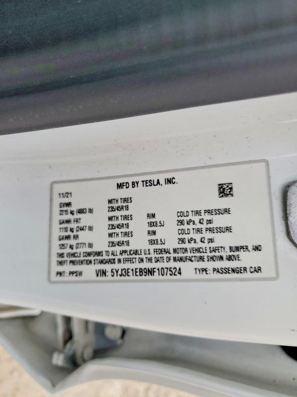 Aukcja sprzedaży 2022 Tesla Model 3, vin: 5YJ3E1EB9NF107524, numer aukcji: 58394416