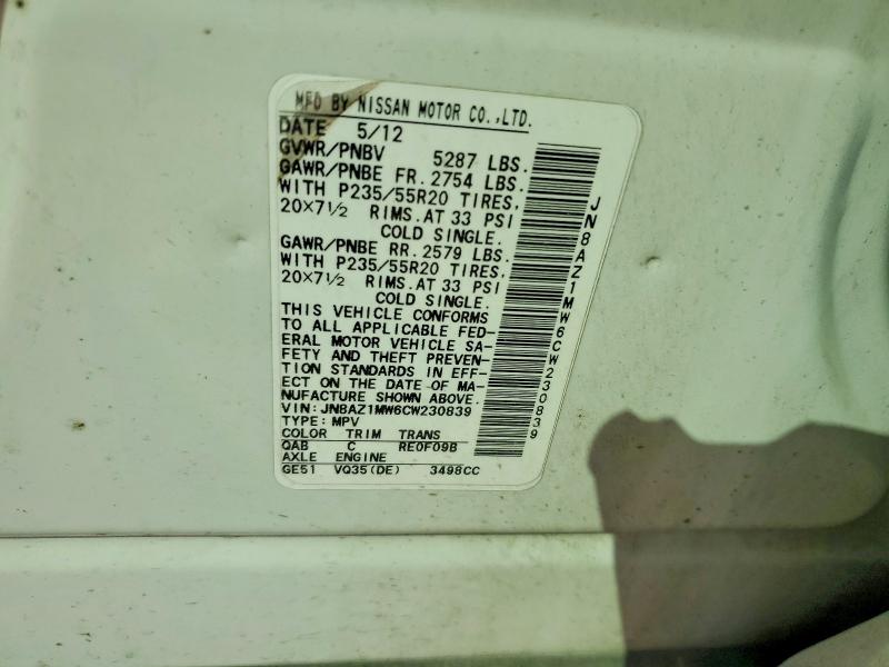 Aukcja sprzedaży 2012 Nissan Murano, vin: JN8AZ1MW6CW230839, numer aukcji: 55725576