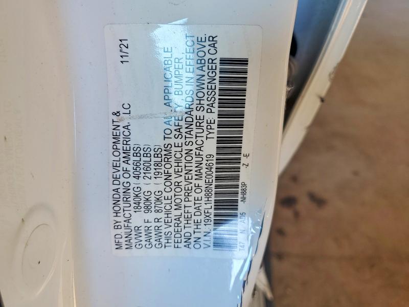 2022 Honda Civic მანქანა იყიდება აუქციონზე, vin: 19XFL1H88NE004619, აუქციონის ნომერი: 58482506