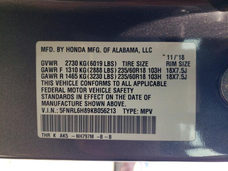 Aukcja sprzedaży 2019 Honda Odyssey, vin: 5FNRL6H89KB056213, numer aukcji: 58770546
