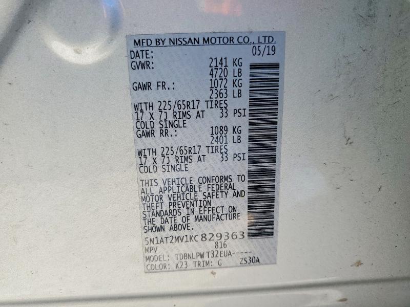 57416666 :رقم المزاد ، 5N1AT2MV1KC829363 vin ، 2019 Nissan Rogue مزاد بيع