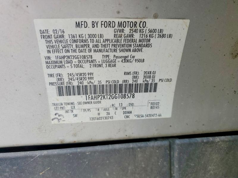 58346706 :رقم المزاد ، 1FAHP2KT2GG108578 vin ، 2016 Ford Taurus مزاد بيع