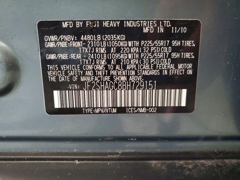 2011 Subaru Forester მანქანა იყიდება აუქციონზე, vin: JF2SHAGC8BH729151, აუქციონის ნომერი: 56795396