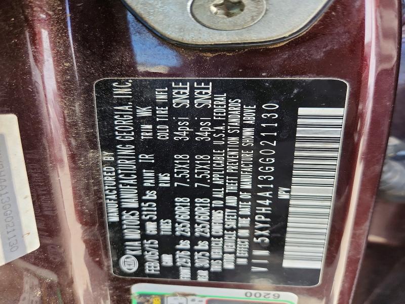 57851706 :رقم المزاد ، 5XYPH4A13GG021130 vin ، 2016 Kia Sorento مزاد بيع