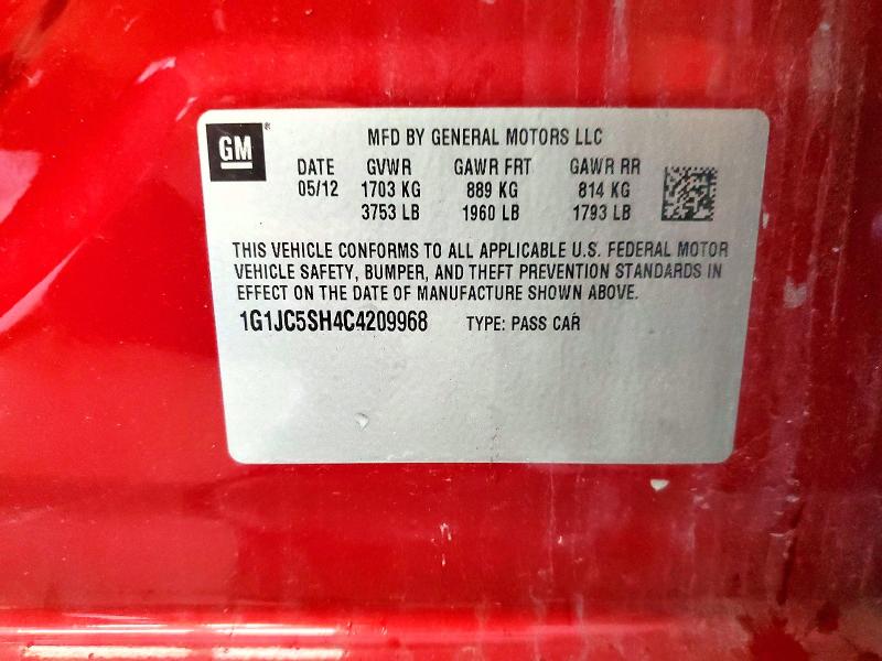2012 Chevrolet Sonic მანქანა იყიდება აუქციონზე, vin: 1G1JC5SH4C4209968, აუქციონის ნომერი: 57496186