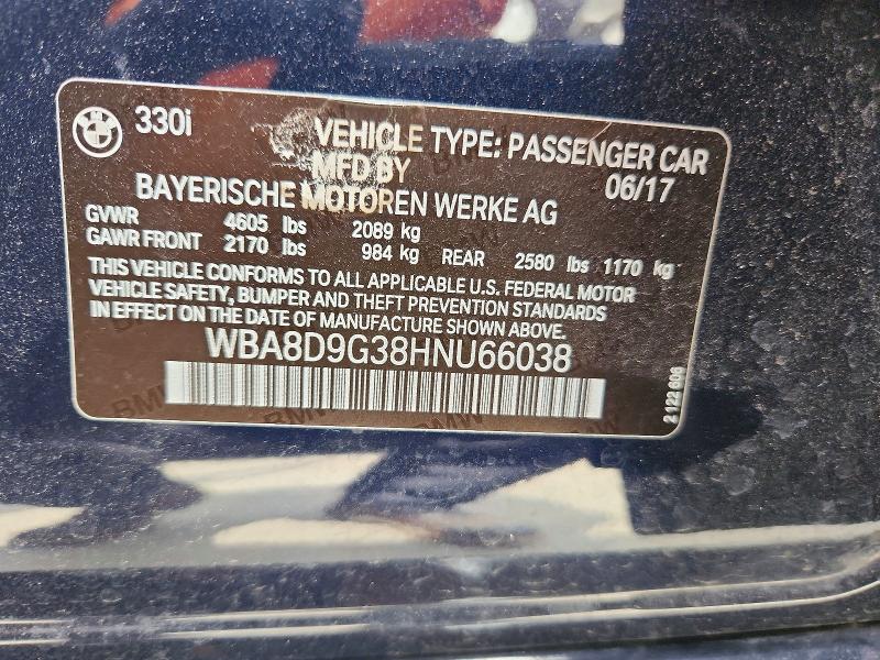 2017 Bmw 330 მანქანა იყიდება აუქციონზე, vin: WBA8D9G38HNU66038, აუქციონის ნომერი: 57267016