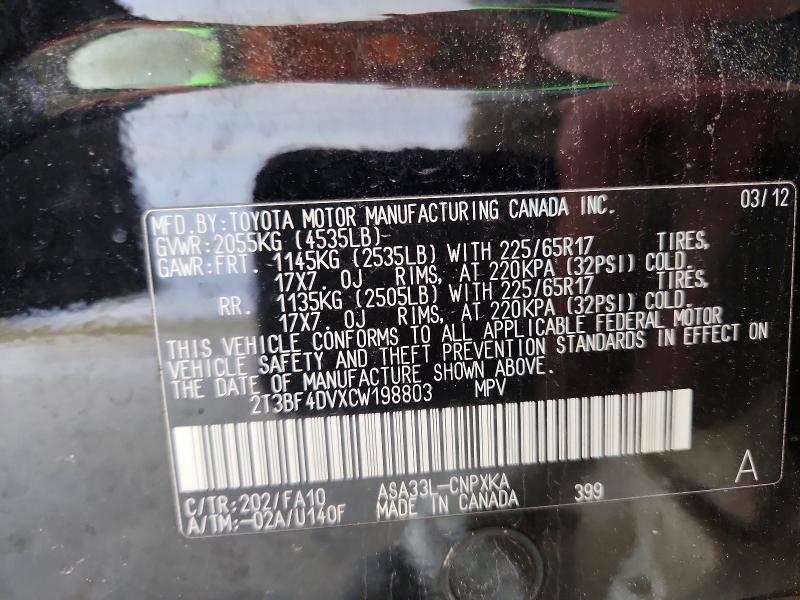 Aukcja sprzedaży 2012 Toyota Rav4, vin: 2T3BF4DVXCW198803, numer aukcji: 56623276