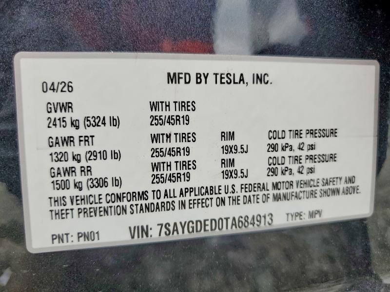 Aukcja sprzedaży 2026 Tesla Model Y, vin: 7SAYGDED0TA684913, numer aukcji: 56601406
