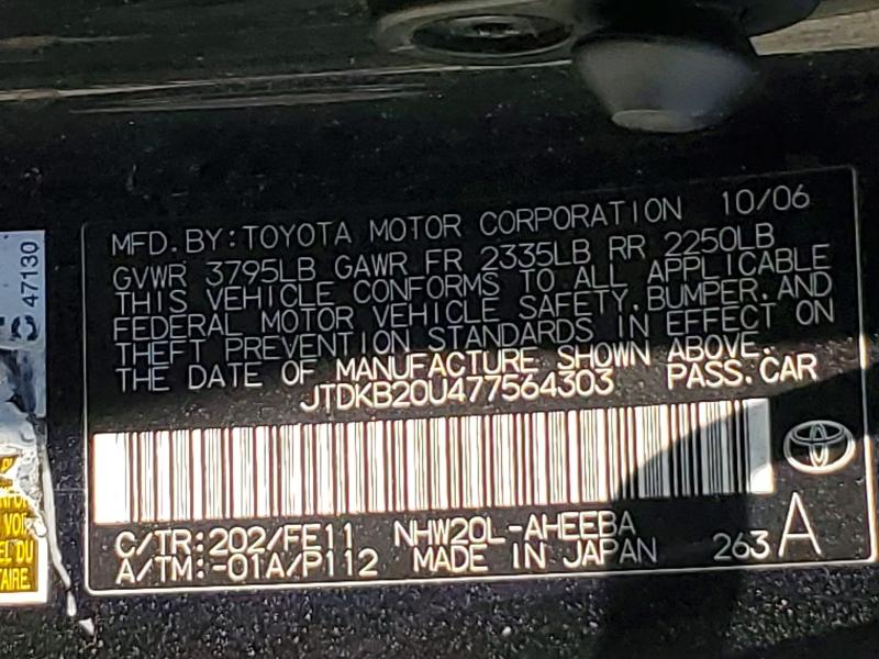 58139766 :رقم المزاد ، JTDKB20U477564303 vin ، 2007 Toyota Prius مزاد بيع