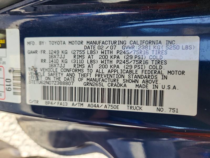 58158166 :رقم المزاد ، 5TETU62N07Z388807 vin ، 2007 Toyota Tacoma مزاد بيع