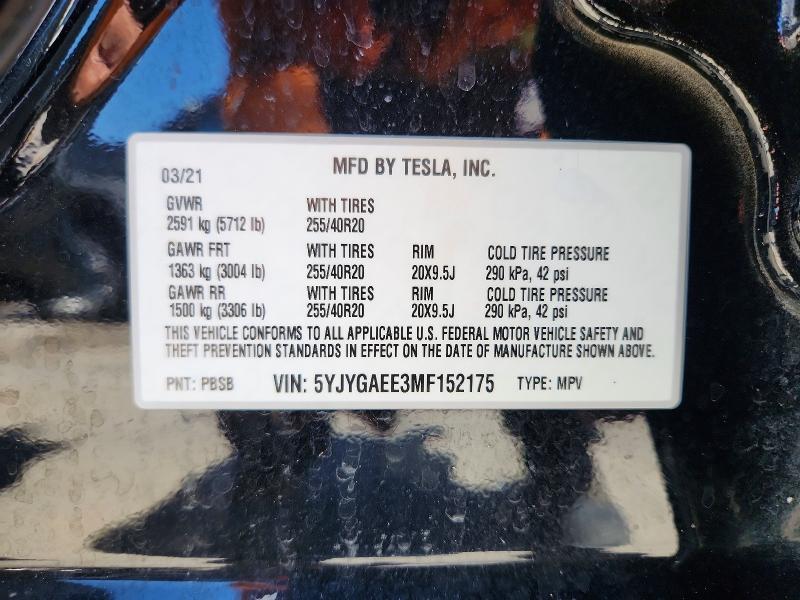 2021 Tesla Model Y მანქანა იყიდება აუქციონზე, vin: 5YJYGAEE3MF152175, აუქციონის ნომერი: 57610506