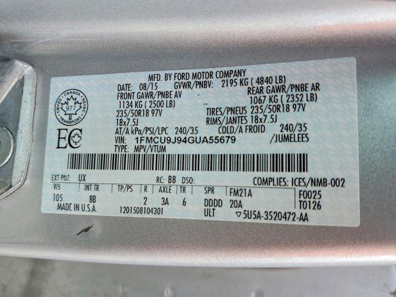2016 Ford Escape მანქანა იყიდება აუქციონზე, vin: 1FMCU9J94GUA55679, აუქციონის ნომერი: 56003746