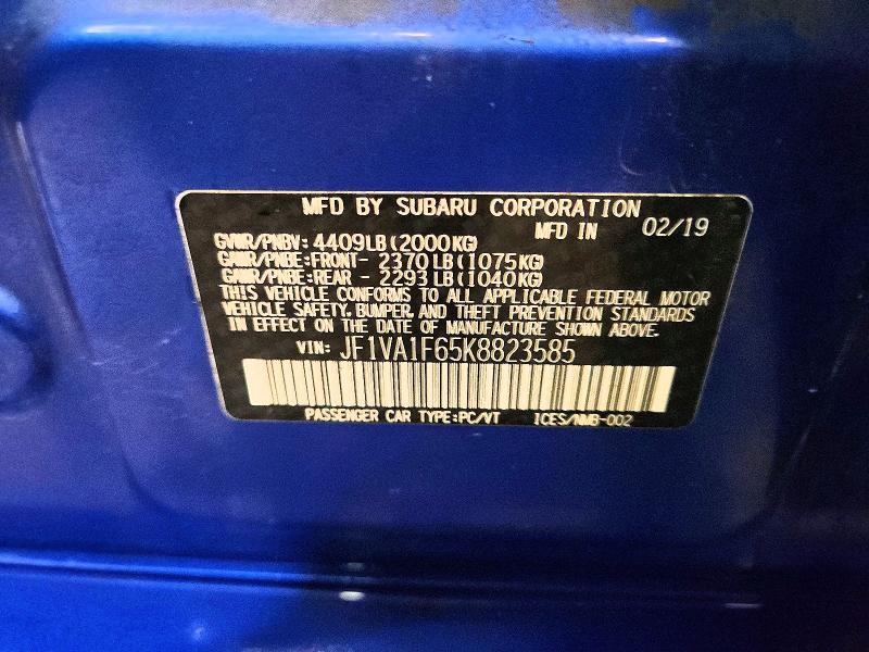 55950016 :رقم المزاد ، JF1VA1F65K8823585 vin ، 2019 Subaru Wrx مزاد بيع
