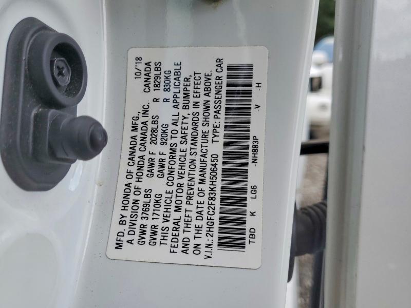 58878976 :رقم المزاد ، 2HGFC2F83KH506450 vin ، 2019 Honda Civic مزاد بيع