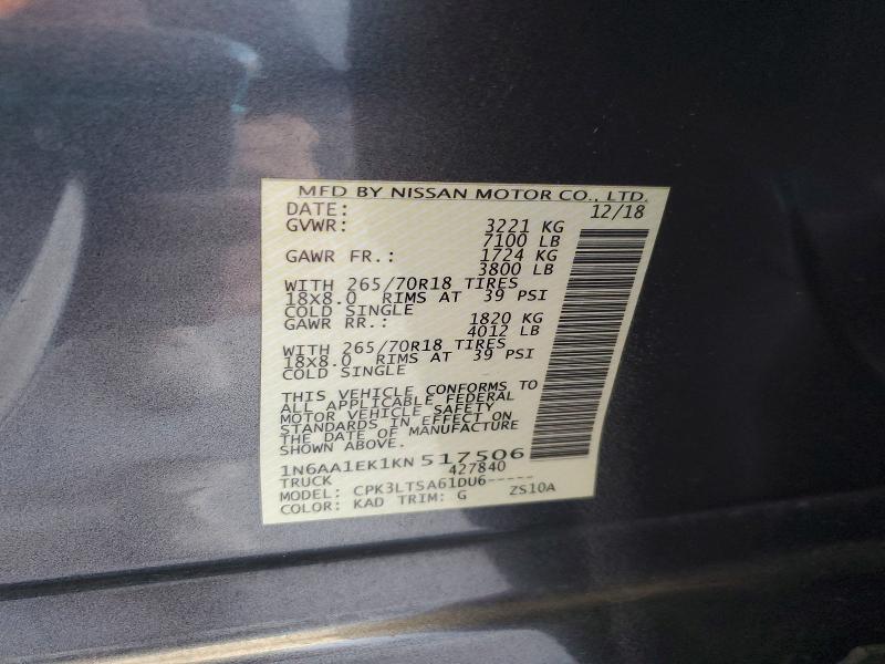 2019 Nissan Titan მანქანა იყიდება აუქციონზე, vin: 1N6AA1EK1KN517506, აუქციონის ნომერი: 56752086