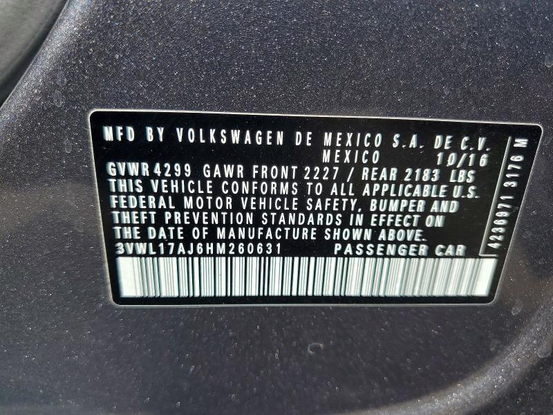 2017 Volkswagen Jetta მანქანა იყიდება აუქციონზე, vin: 3VWL17AJ6HM260631, აუქციონის ნომერი: 56847226