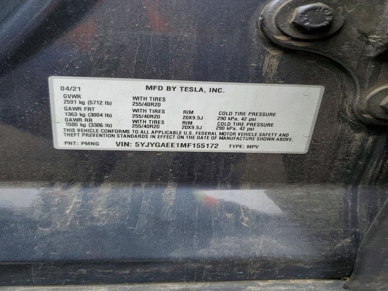 2021 Tesla Model Y მანქანა იყიდება აუქციონზე, vin: 5YJYGAEE1MF155172, აუქციონის ნომერი: 56126516
