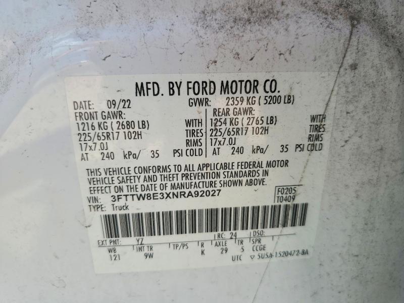 57178486 :رقم المزاد ، 3FTTW8E3XNRA92027 vin ، 2022 Ford Maverick مزاد بيع