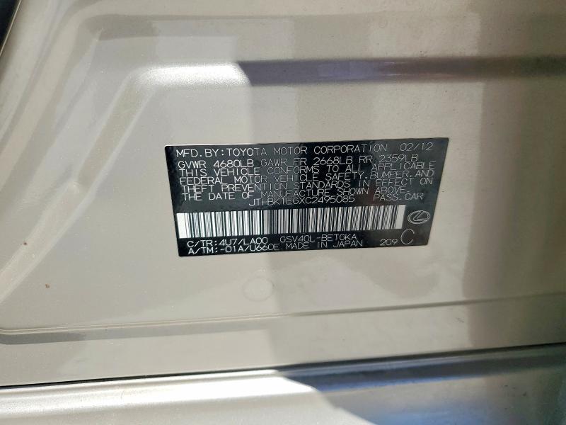 2012 Lexus Es მანქანა იყიდება აუქციონზე, vin: JTHBK1EGXC2495085, აუქციონის ნომერი: 55443756