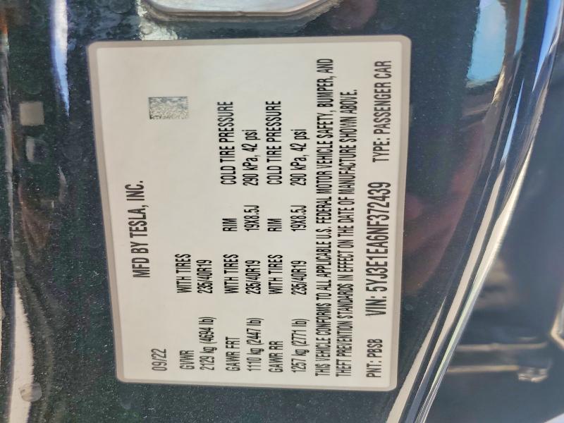 57700406 :رقم المزاد ، 5YJ3E1EA6NF372439 vin ، 2022 Tesla Model 3 مزاد بيع