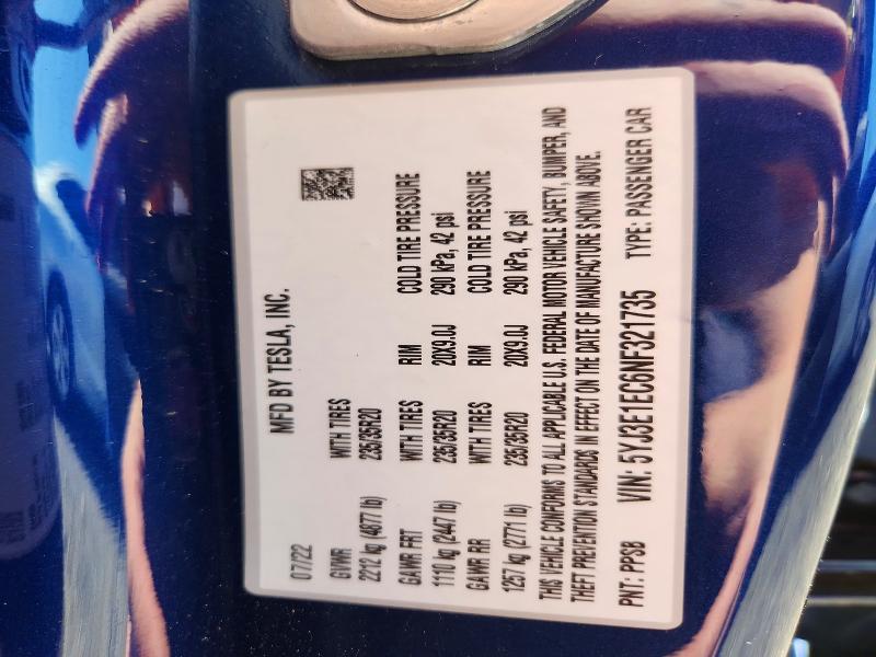 56104476 :رقم المزاد ، 5YJ3E1EC6NF321735 vin ، 2022 Tesla Model 3 مزاد بيع