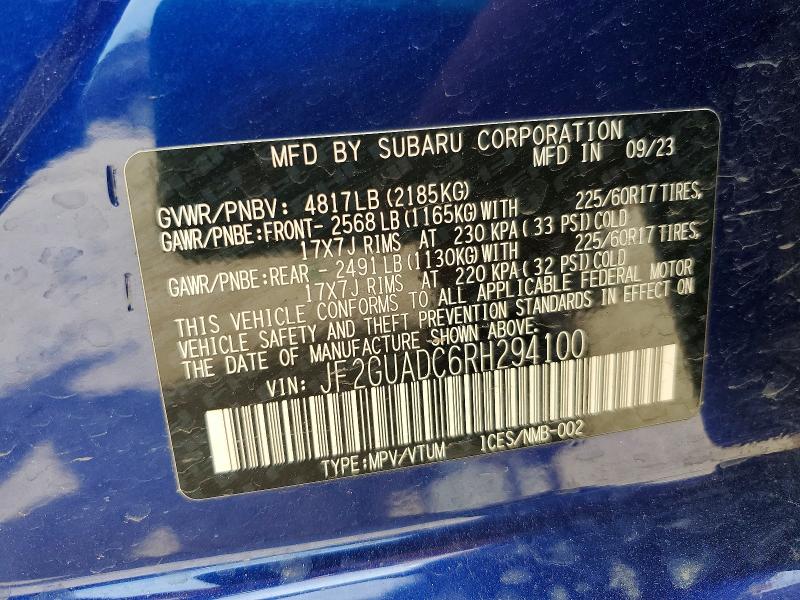 Aukcja sprzedaży 2024 Subaru Crosstrek, vin: JF2GUADC6RH294100, numer aukcji: 57328366