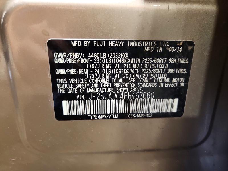 2015 Subaru Forester მანქანა იყიდება აუქციონზე, vin: JF2SJADC4FH463660, აუქციონის ნომერი: 55724826
