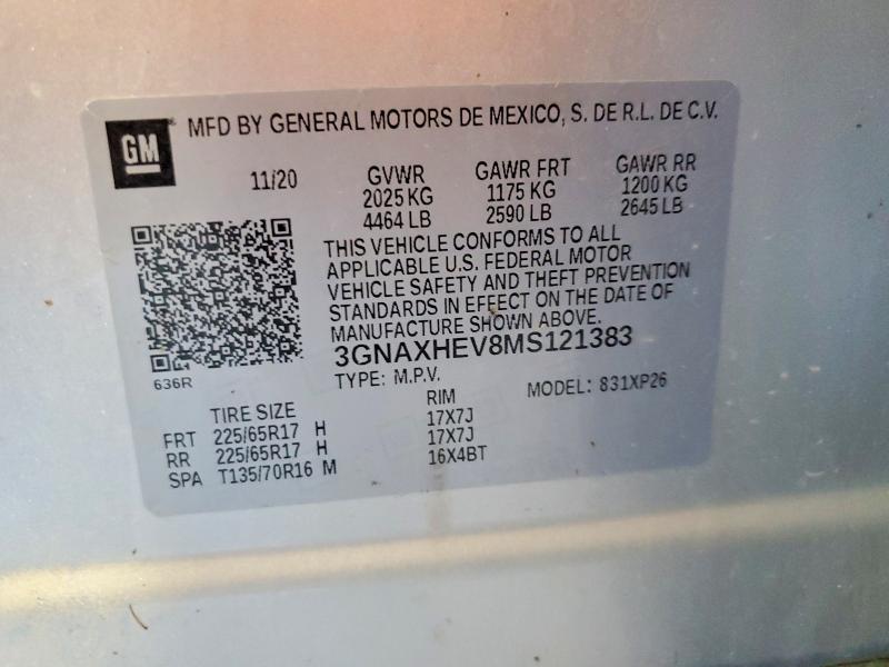 2021 Chevrolet Equinox მანქანა იყიდება აუქციონზე, vin: 3GNAXHEV8MS121383, აუქციონის ნომერი: 57916996