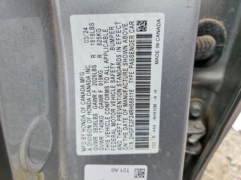 56823026 :رقم المزاد ، 2HGFE2F24RH568116 vin ، 2024 Honda Civic مزاد بيع