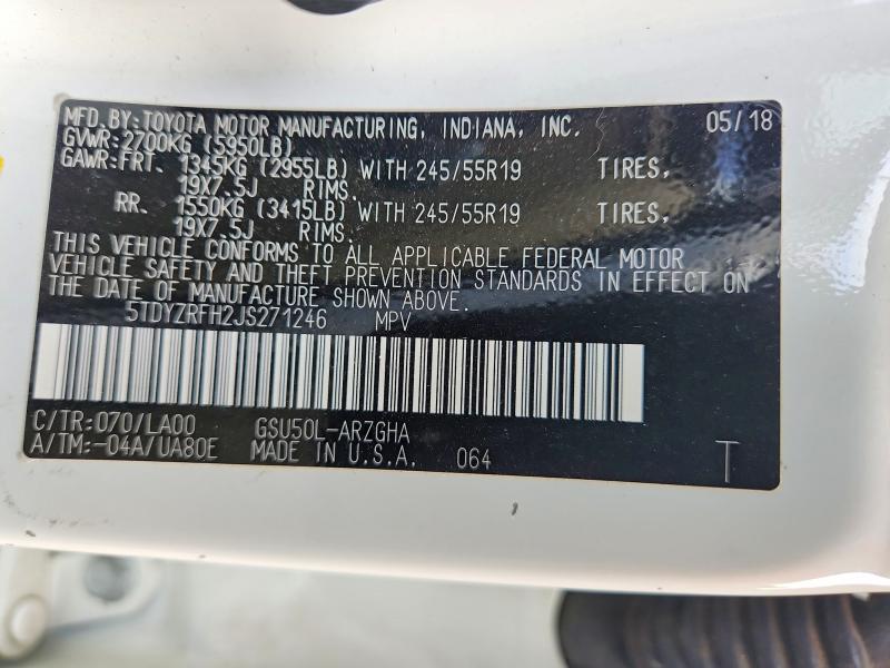 Aukcja sprzedaży 2018 Toyota Highlander, vin: 5TDYZRFH2JS271246, numer aukcji: 56096886