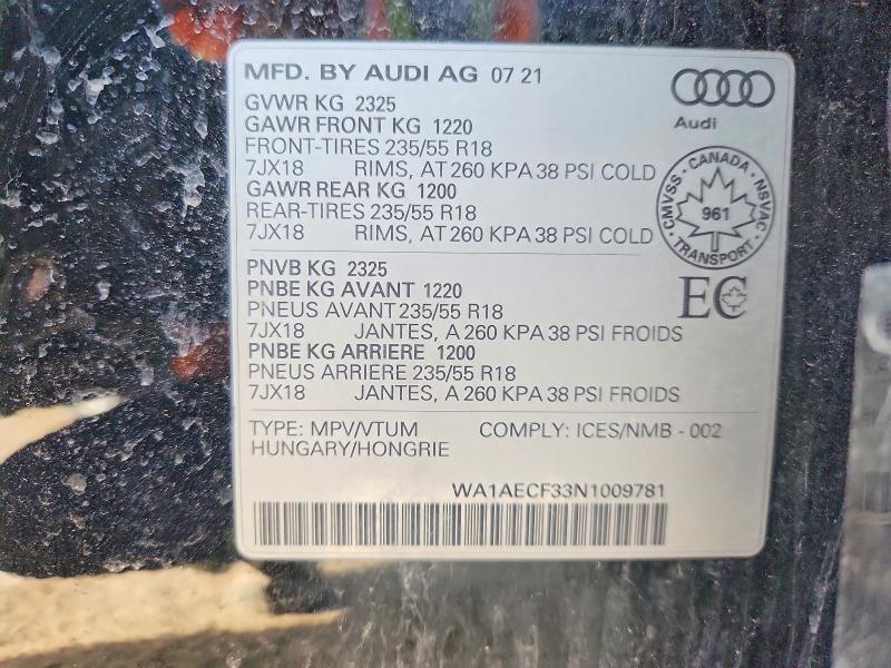 Продажа на аукционе авто 2022 Audi Q3, vin: WA1AECF33N1009781, номер лота: 55422936