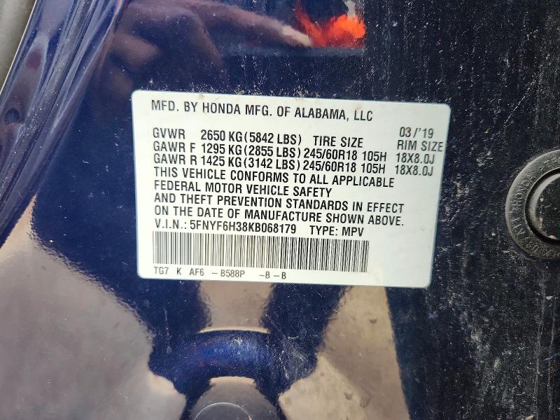 Продажа на аукционе авто 2019 Honda Pilot, vin: 5FNYF6H38KB068179, номер лота: 58086176