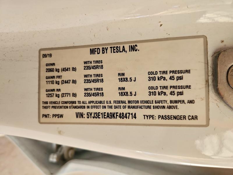 Aukcja sprzedaży 2019 Tesla Model 3, vin: 5YJ3E1EA9KF484714, numer aukcji: 58873796