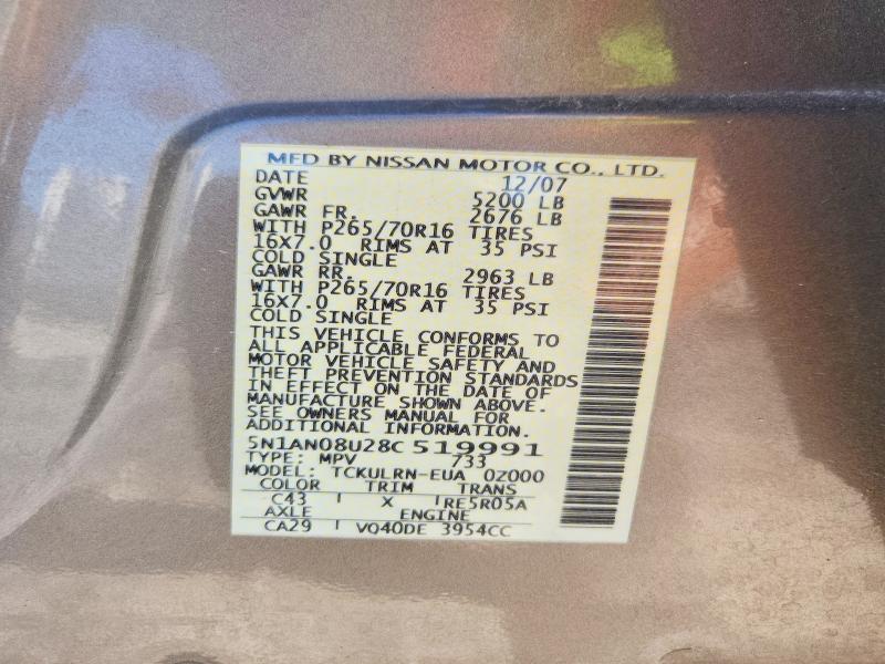 Aukcja sprzedaży 2008 Nissan Xterra, vin: 5N1AN08U28C519991, numer aukcji: 58500696