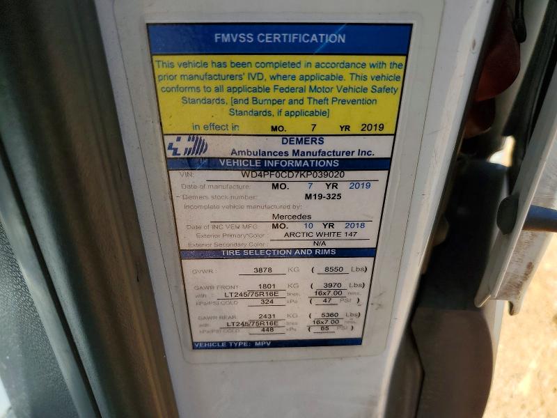 56834206 :رقم المزاد ، WD4PF0CD7KP039020 vin ، 2019 Mercedes-benz Sprinter مزاد بيع